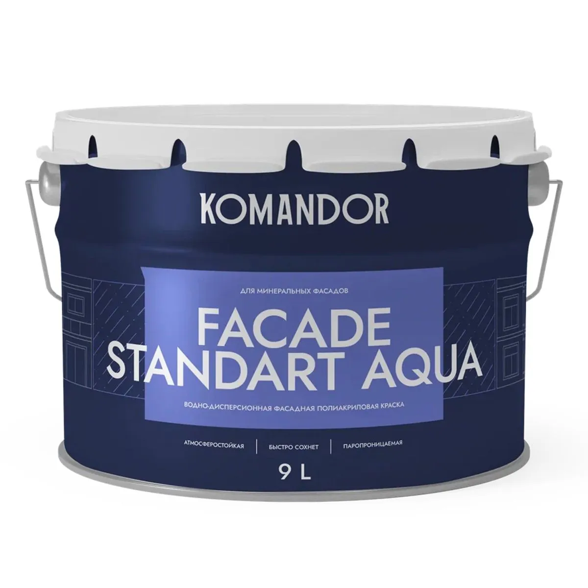 КРАСКА ФАСАДНАЯ "FACADE STANDART AQUA" АТМОСФЕРОСТОЙКАЯ БАЗА C 9 Л (1) "KOMANDOR"