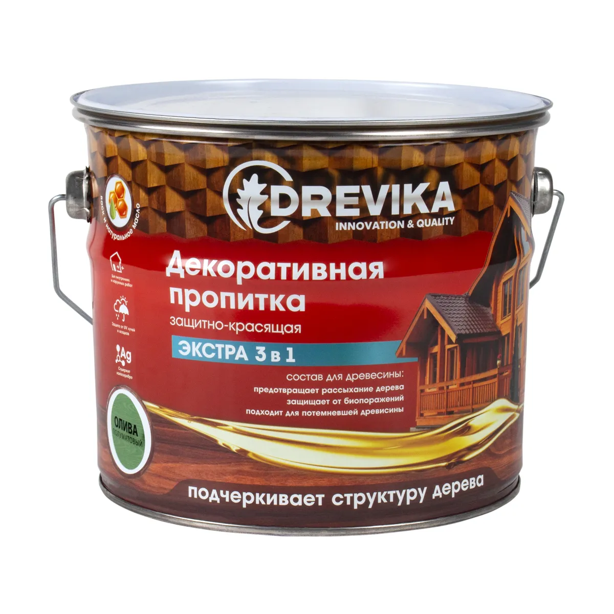 ПРОПИТКА ДЕКОРАТИВНАЯ "ЭКСТРА 3 В 1" ОЛИВА 3 Л (1/4) "DREVIKA"