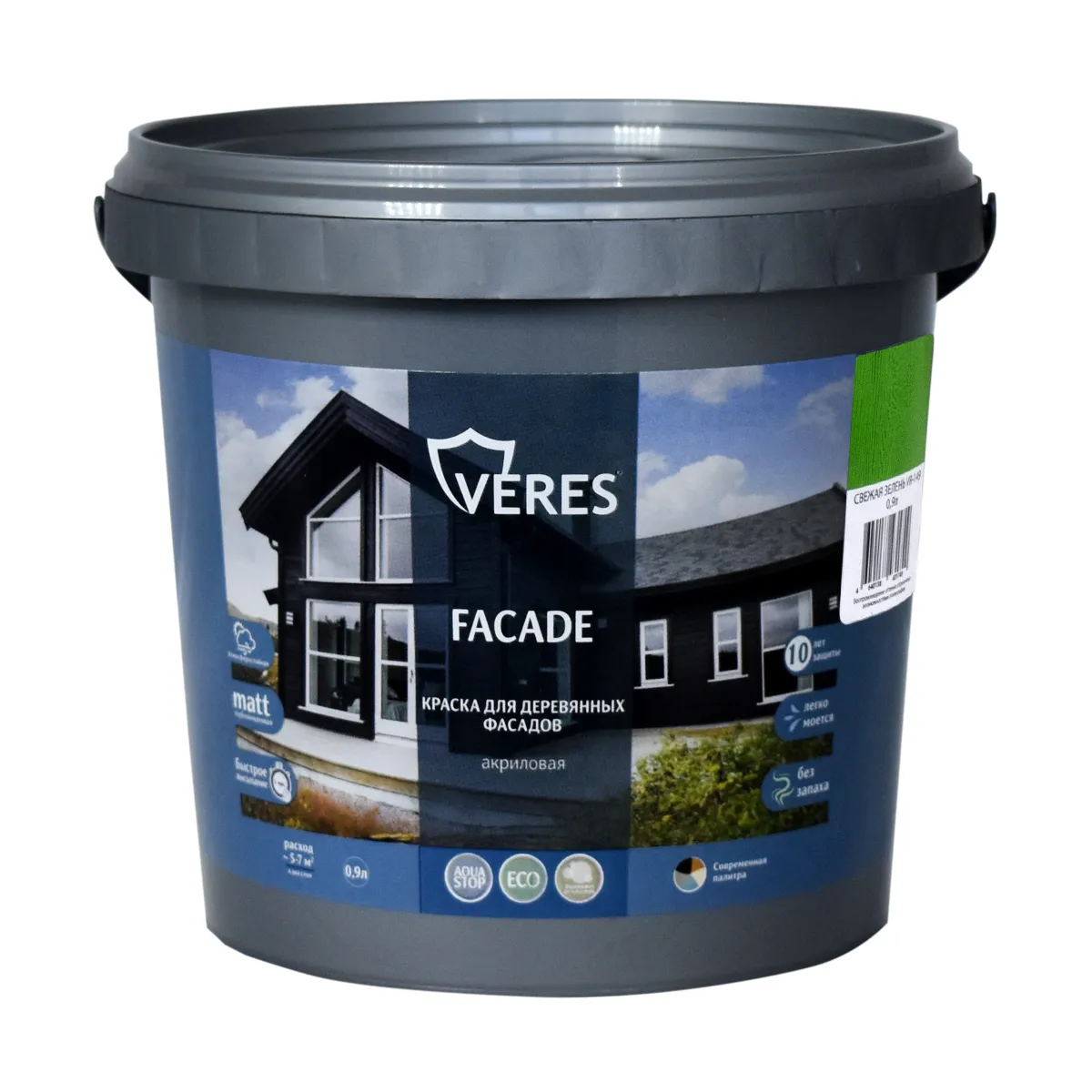 КРАСКА "FACADE" ДЛЯ ДЕРЕВЯННЫХ ФАСАДОВ АКРИЛОВАЯ СВЕЖАЯ ЗЕЛЕНЬ 0,9 Л (1/8) "VERES"
