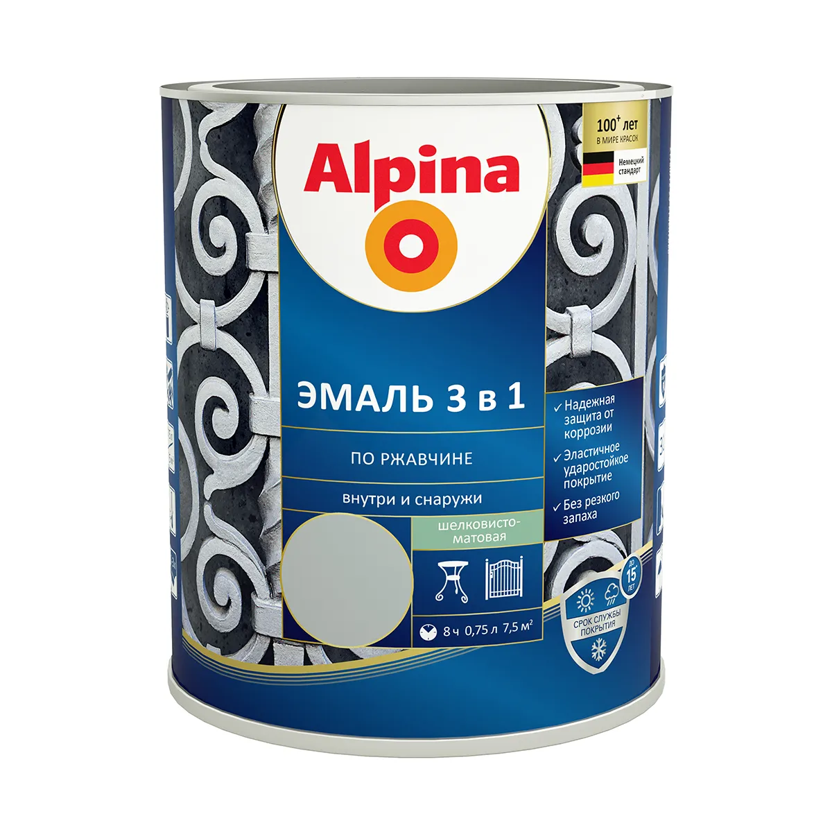 ГРУНТ- ЭМАЛЬ ПО РЖАВЧИНЕ 3 В 1 СЕРАЯ (RAL 7040) 0,75 Л (1/6) "ALPINA"
