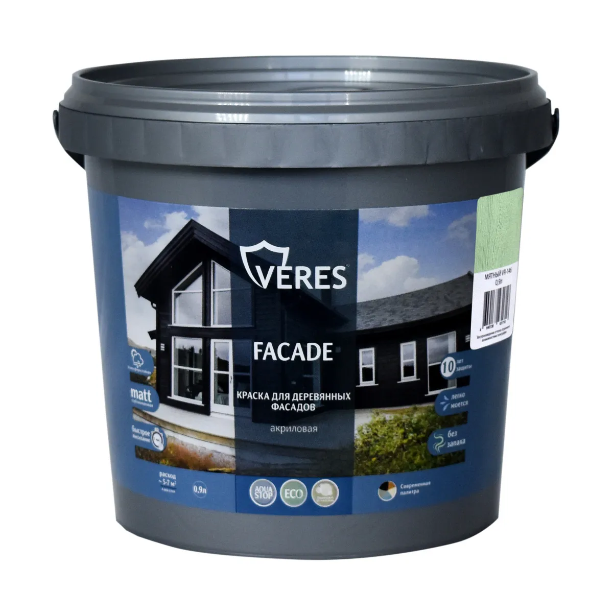 КРАСКА "FACADE" ДЛЯ ДЕРЕВЯННЫХ ФАСАДОВ АКРИЛОВАЯ МЯТНЫЙ 0,9 Л (1/8) "VERES"
