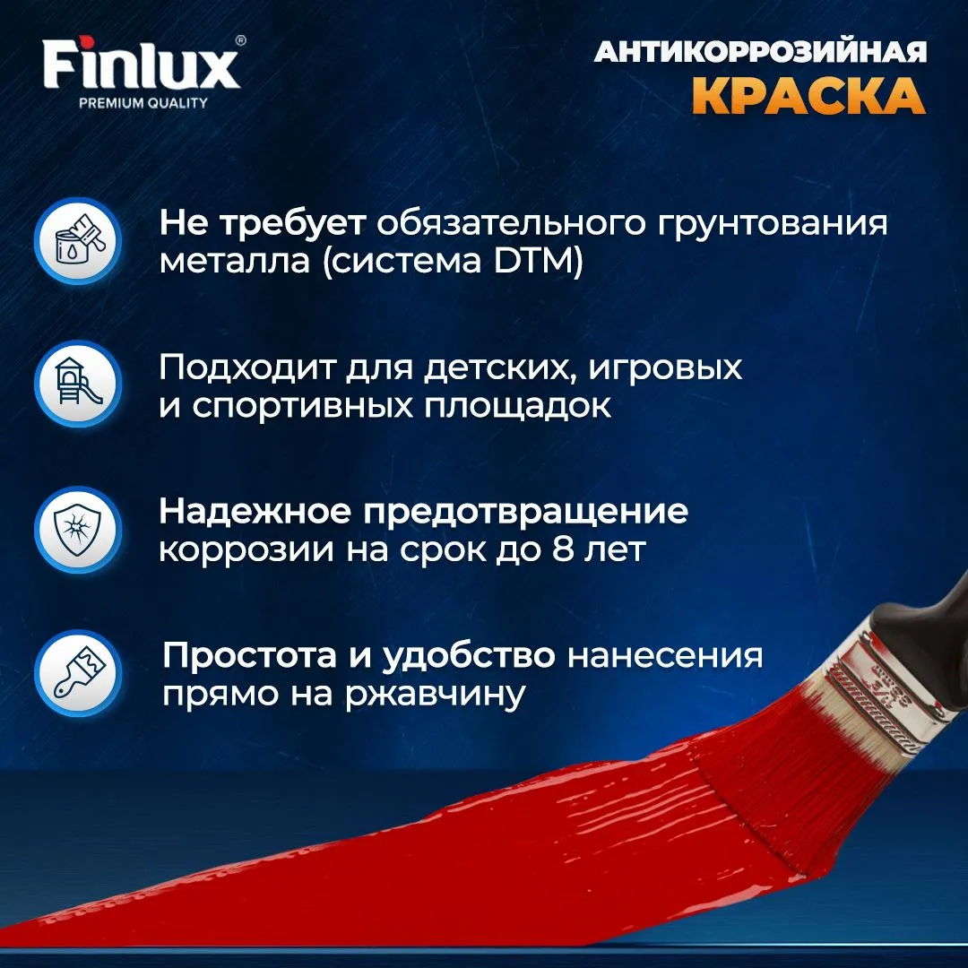 Краска по ржавчине 3 в 1 для защиты металлических поверхностей на 6 лет алкидно-уретановая Finlux CorrozoStop F-106 (Ral 1028, 1 кг.)