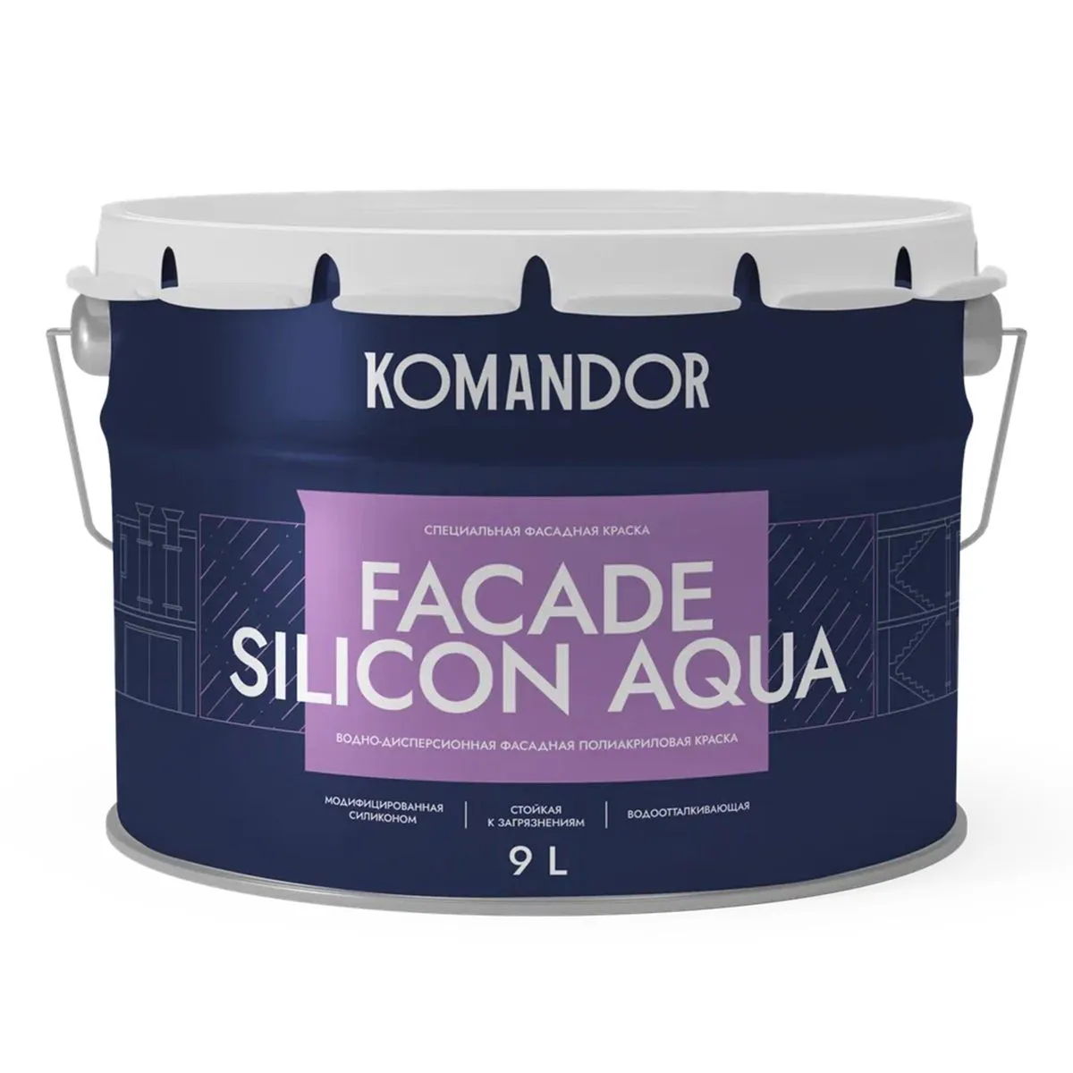 КРАСКА ФАСАДНАЯ "FACADE SILICON AQUA" ВОДООТТАЛКИВАЮЩАЯ БАЗА C 9 Л (1) "KOMANDOR"