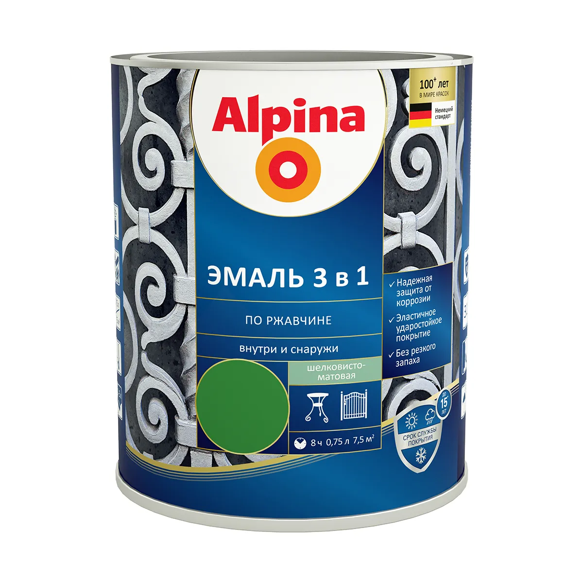 ГРУНТ- ЭМАЛЬ ПО РЖАВЧИНЕ 3 В 1 ЗЕЛЕНАЯ (RAL 6002) 0,75 Л (1/6) "ALPINA"
