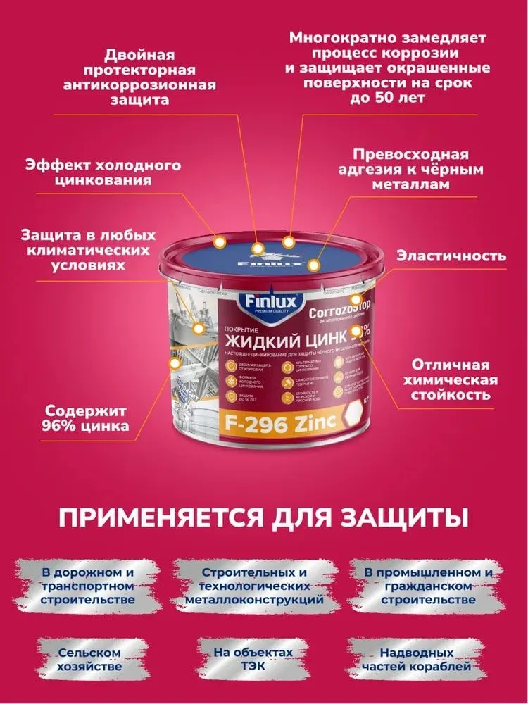 Состав для холодного цинкования Finlux Антикоррозийное покрытие F-296, краска по металлу, грунт цинконаполненный, защита от коррозии, цинковая краска, антикоррозийная краска, Жидкий цинк 96%, Быстросохнущая, Антикор, Цинкирование