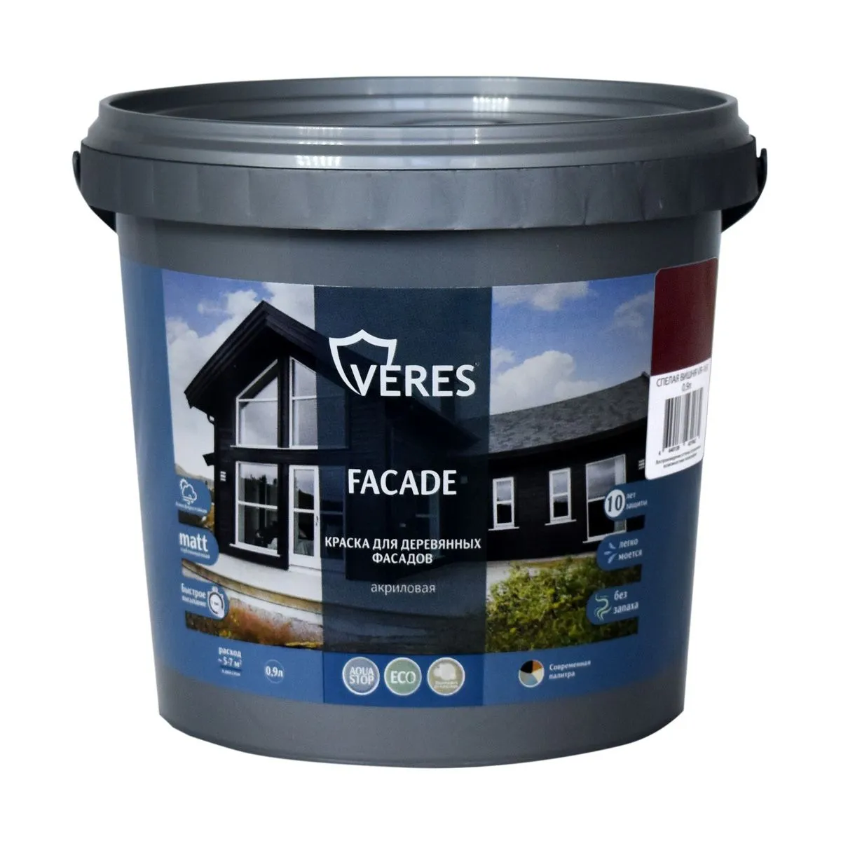 КРАСКА "FACADE" ДЛЯ ДЕРЕВЯННЫХ ФАСАДОВ АКРИЛОВАЯ СПЕЛАЯ ВИШНЯ 0,9 Л (1/8) "VERES"
