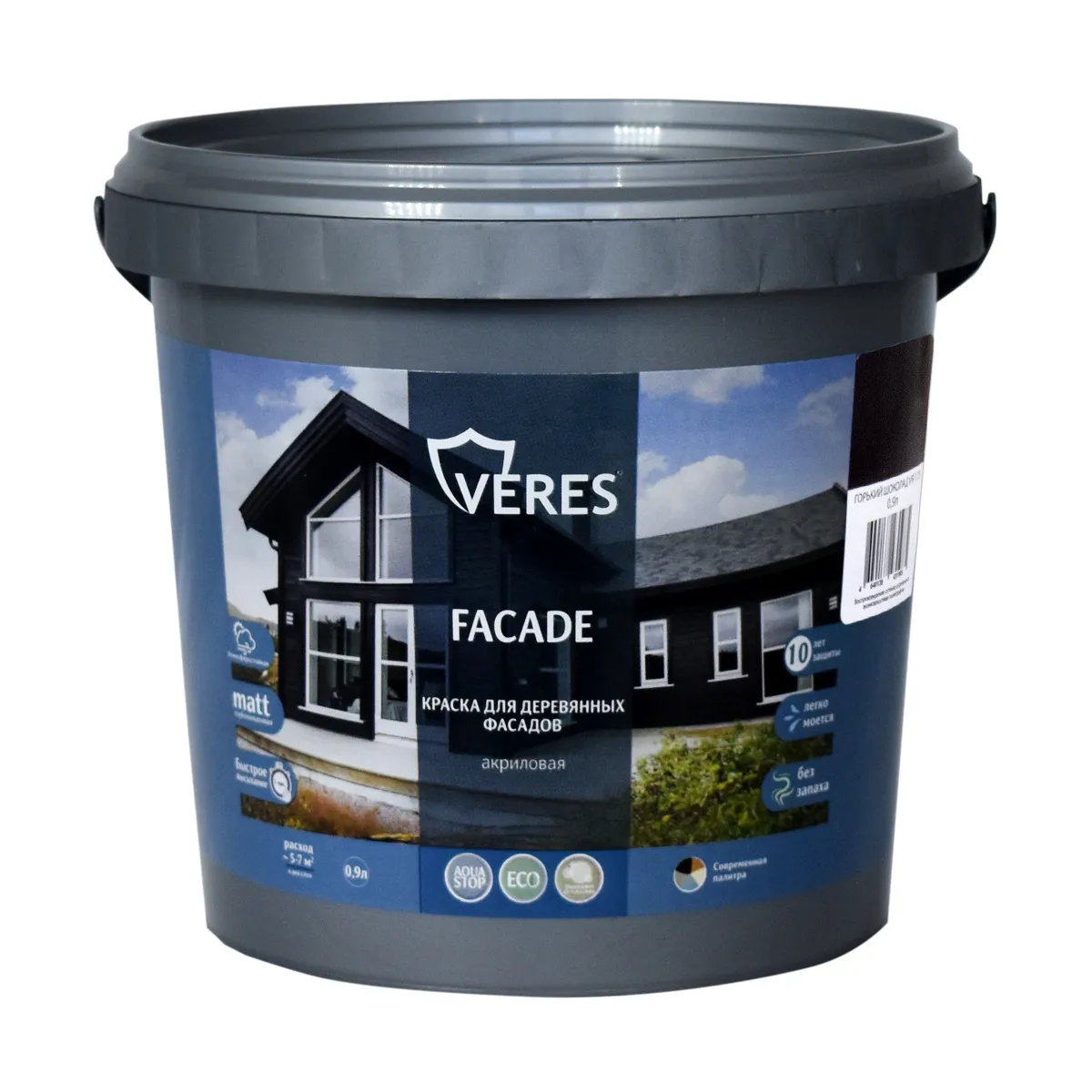 КРАСКА "FACADE" ДЛЯ ДЕРЕВЯННЫХ ФАСАДОВ АКРИЛОВАЯ ГОРЬКИЙ ШОКОЛАД 0,9 Л (1/8) "VERES"