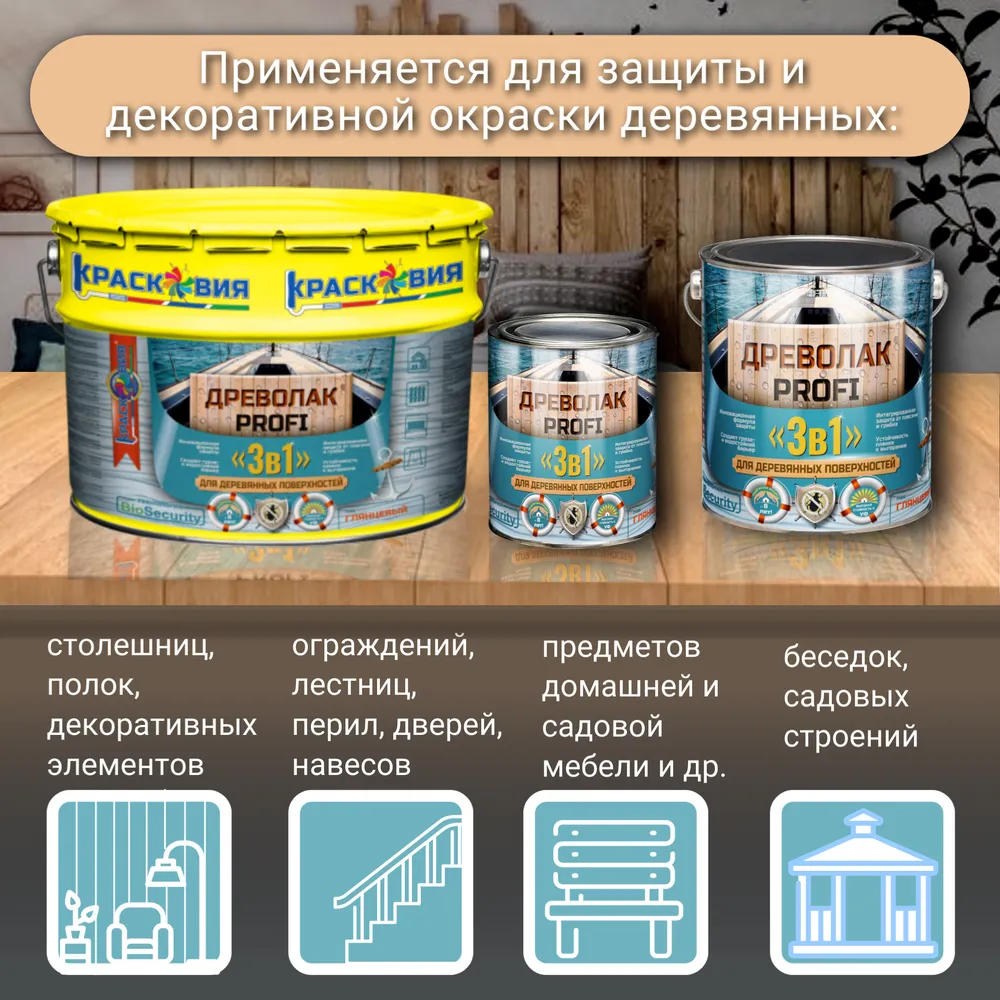 Древолак PROFI «3 в 1» (износостойкий глянцевый лак «3 в 1» для дерева)