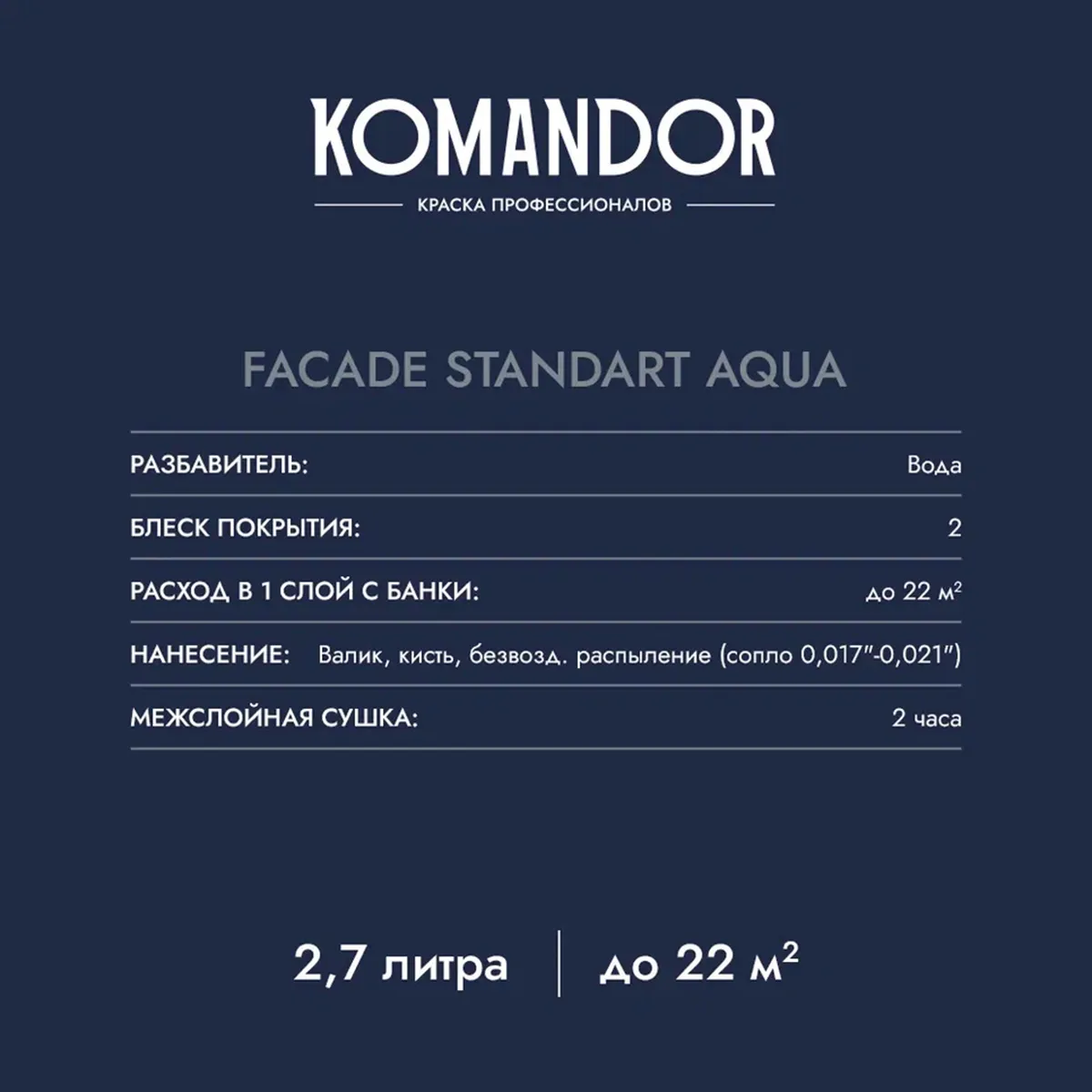 КРАСКА ФАСАДНАЯ "FACADE STANDART AQUA" АТМОСФЕРОСТОЙКАЯ БАЗА A 2,7 Л (1) "KOMANDOR"