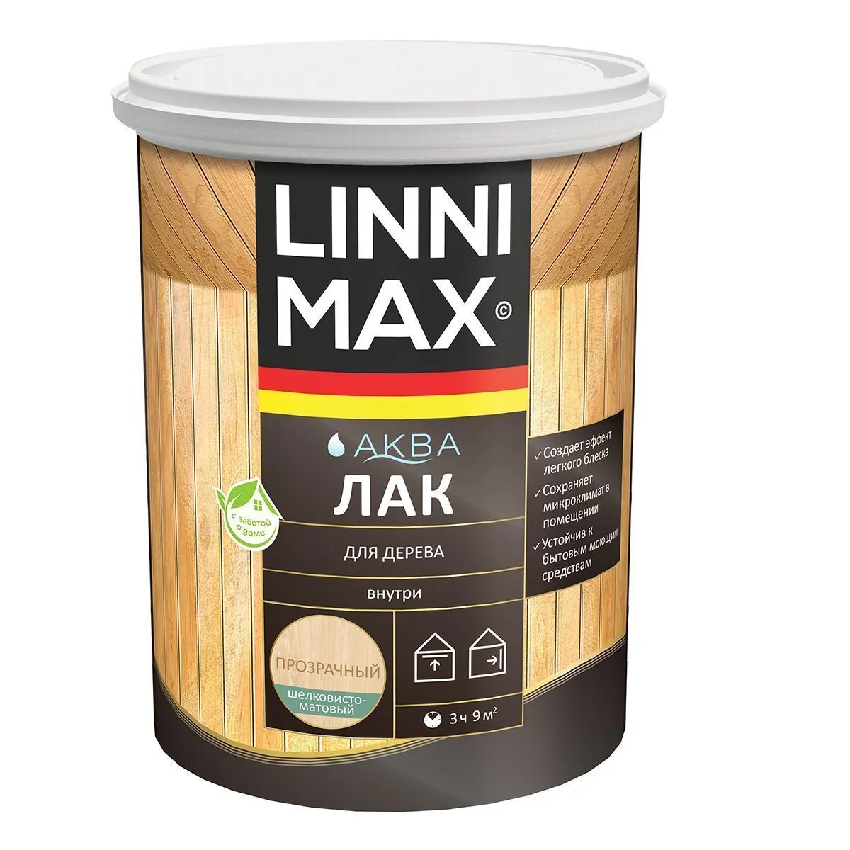 ЛАК АКРИЛОВЫЙ "АКВА" ДЛЯ ДЕРЕВА ШЕЛКОВИСТО-МАТОВЫЙ 0,9 Л (1) "LINNIMAX"