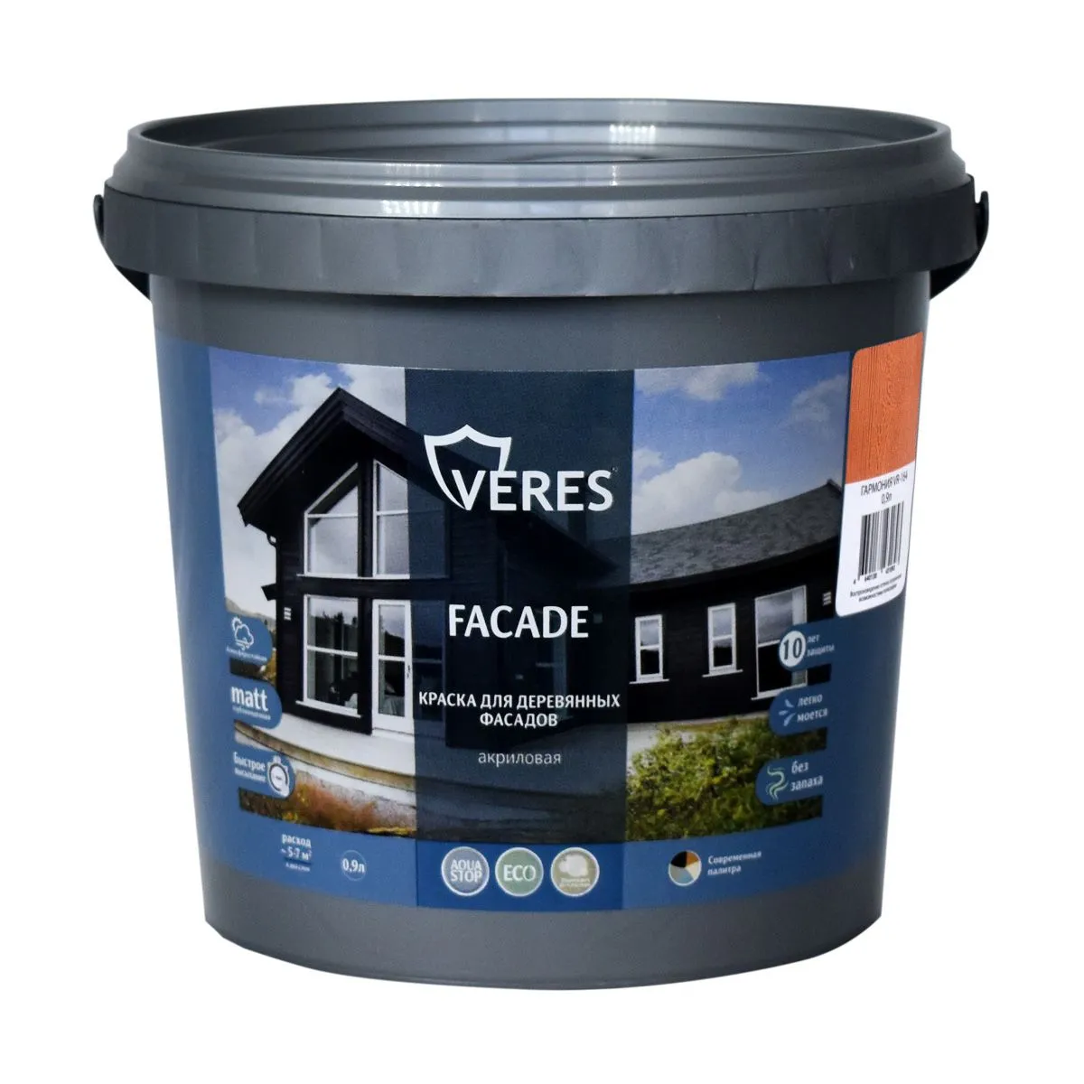 КРАСКА "FACADE" ДЛЯ ДЕРЕВЯННЫХ ФАСАДОВ АКРИЛОВАЯ ГАРМОНИЯ 0,9 Л (1/8) "VERES"