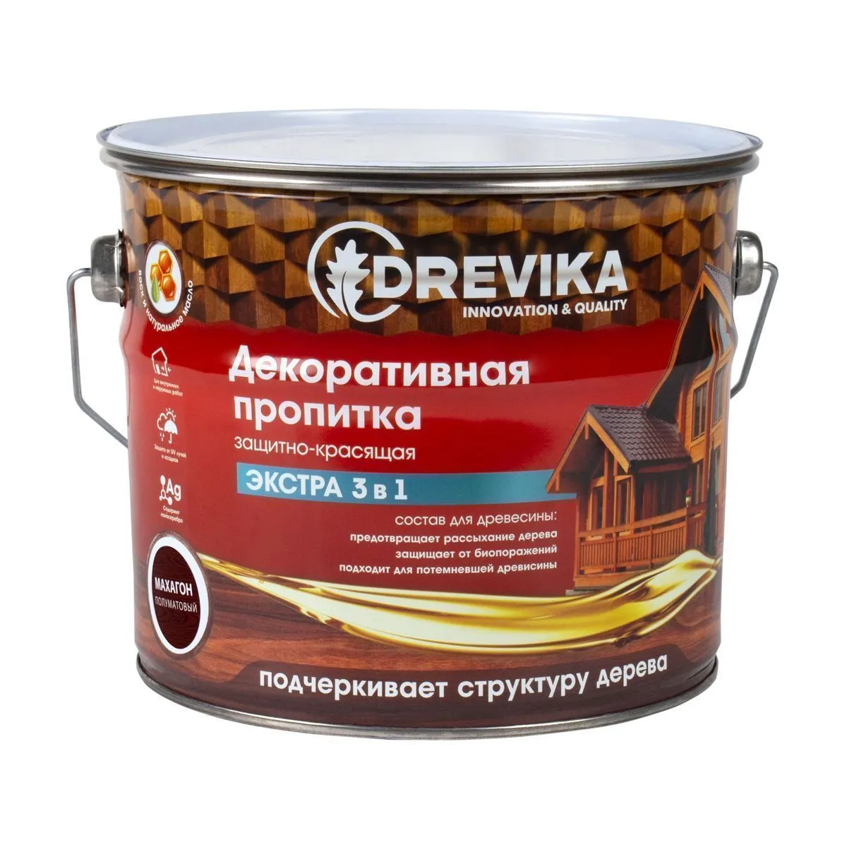 ПРОПИТКА ДЕКОРАТИВНАЯ "ЭКСТРА 3 В 1" МАХАГОН 3 Л (1/4) "DREVIKA"