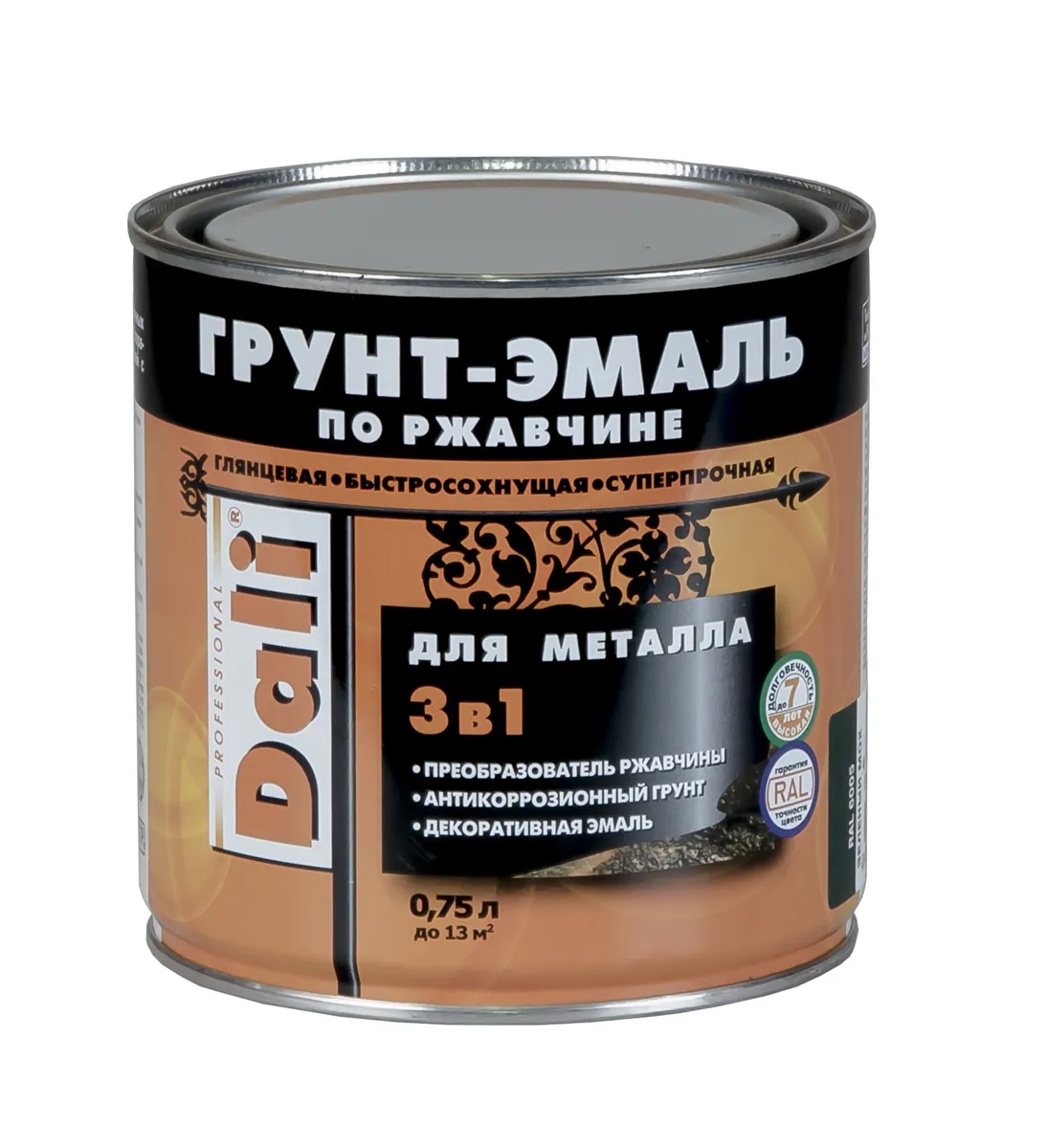 ГРУНТ- ЭМАЛЬ ПО РЖАВЧИНЕ "DALI"  3 В 1 СЕРЫЙ ГРАФИТ (RAL 7024)  0,75 Л (1/6) "РОГНЕДА"