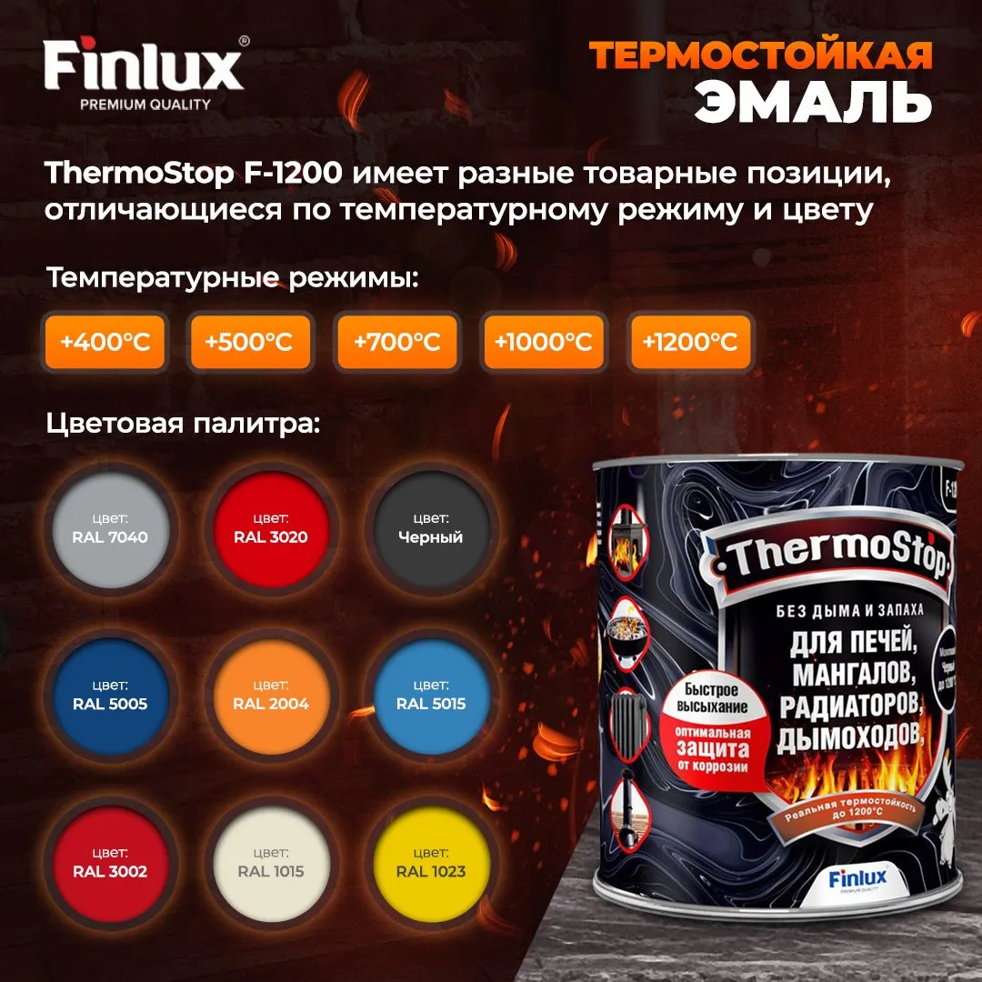 TermoStop Термостойкая эмаль без дымления Finlux F-1200 (Ral 1015, 0,25 кг, 400С)