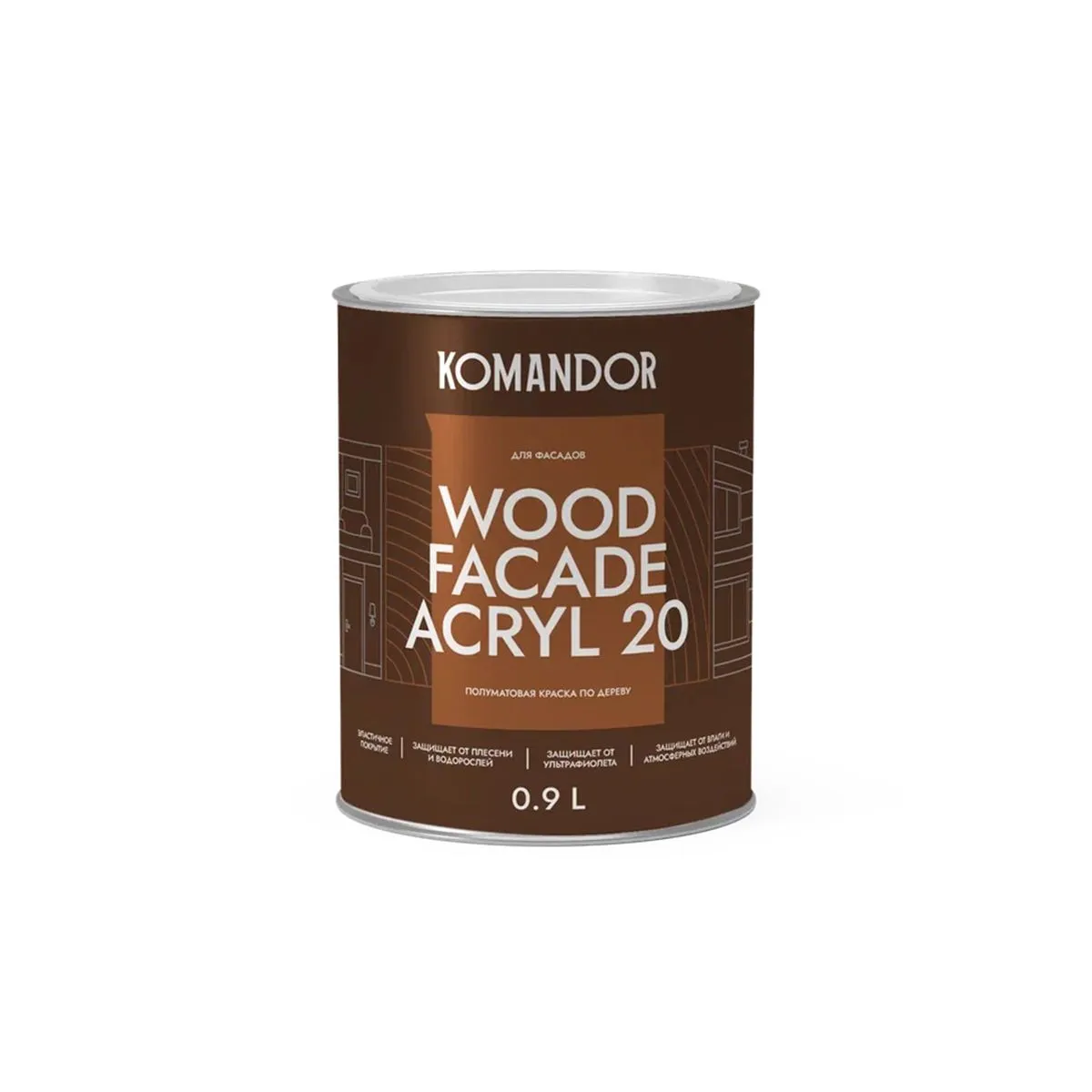 КРАСКА ПО ДЕРЕВУ "WOOD FACADE ACRYL 20" БАЗА C 0,9 Л (1/6) "KOMANDOR"